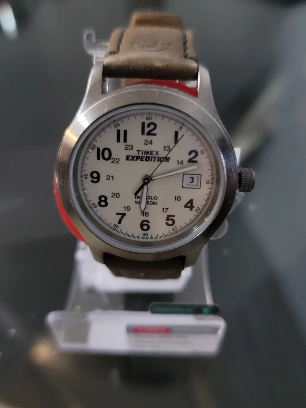 Timex Men's Brown Leather Strap Watch with White Dial.